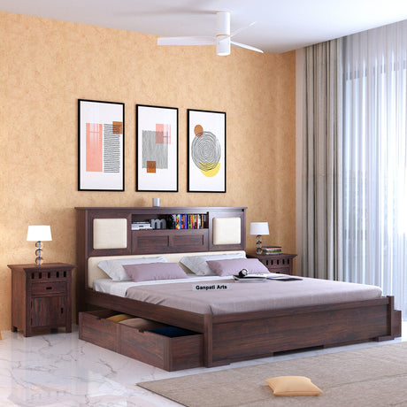 Maharaja Solid Sheesham Wood Bed With Two Drawer Storage and Headboard Storage - 3 Years Warranty