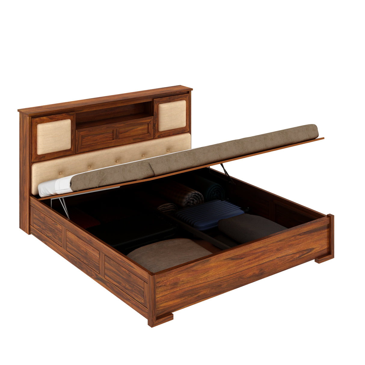 Maharaja Solid Sheesham Wood Bed with Hydraulic Box and Headboard Storage - 3 Years Warranty