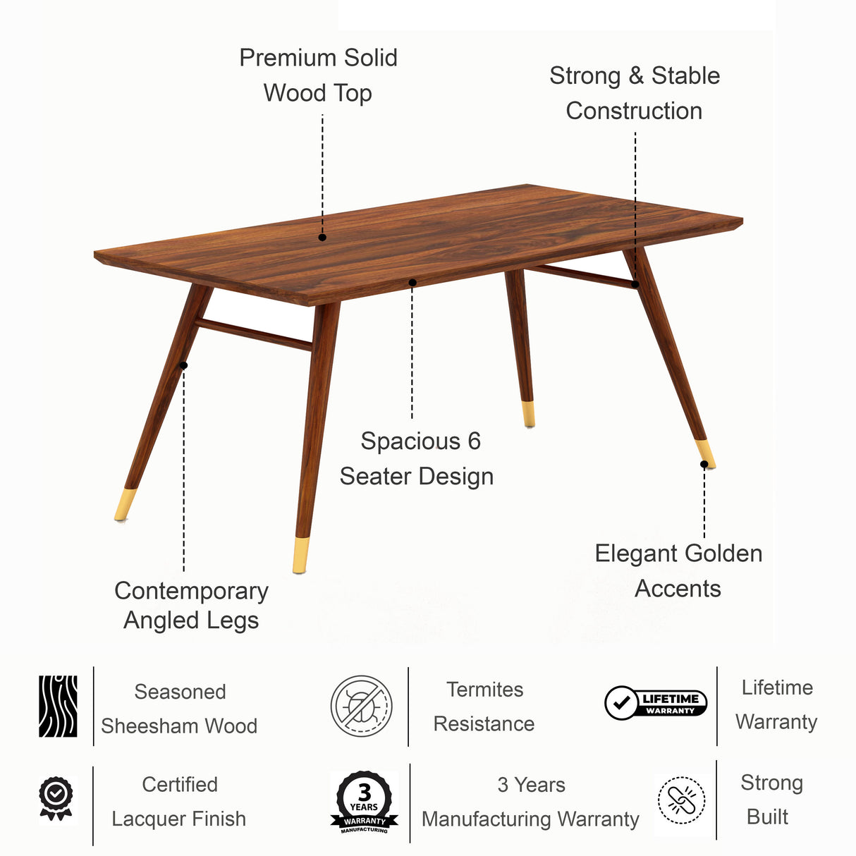 Elley Solid Sheesham Wood 6 Seater Dining Set - 3 Years Warranty