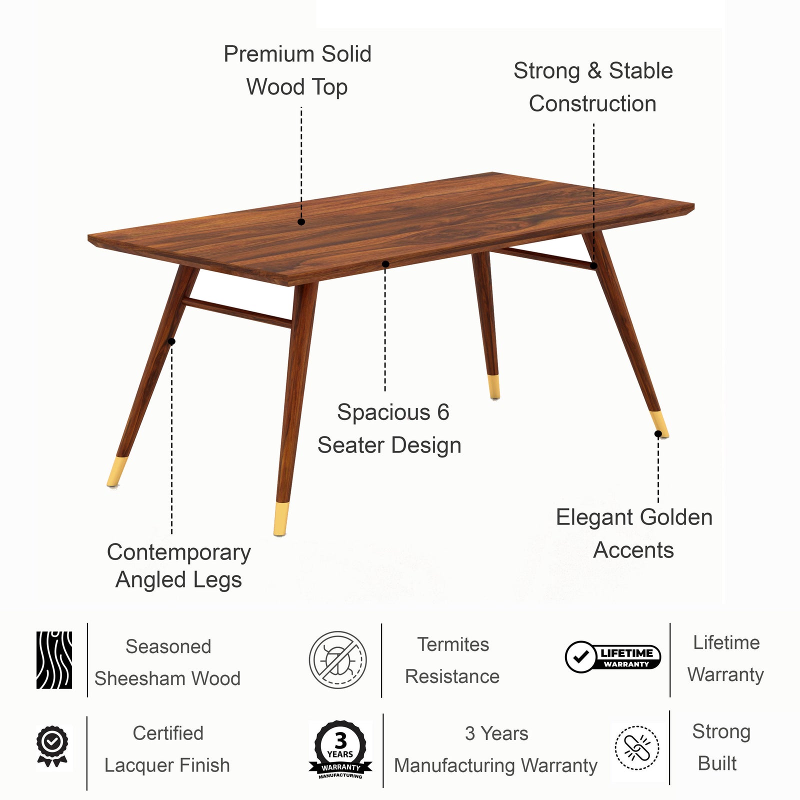 Elley Solid Sheesham Wood 6 Seater Dining Set - 3 Years Warranty features