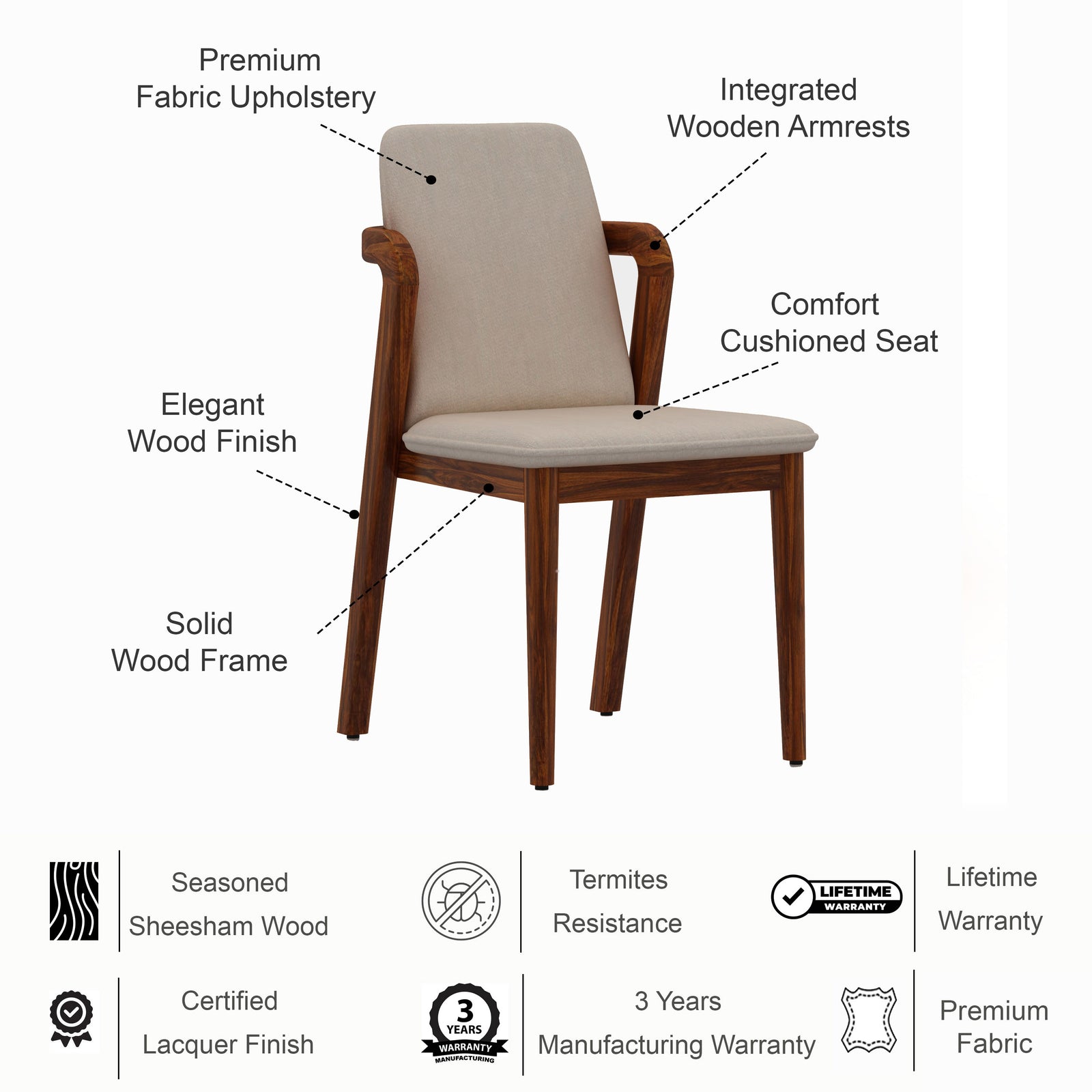 Watson Solid Sheesham Wood Office/Study/Dining Chair - 3 Years Warranty features