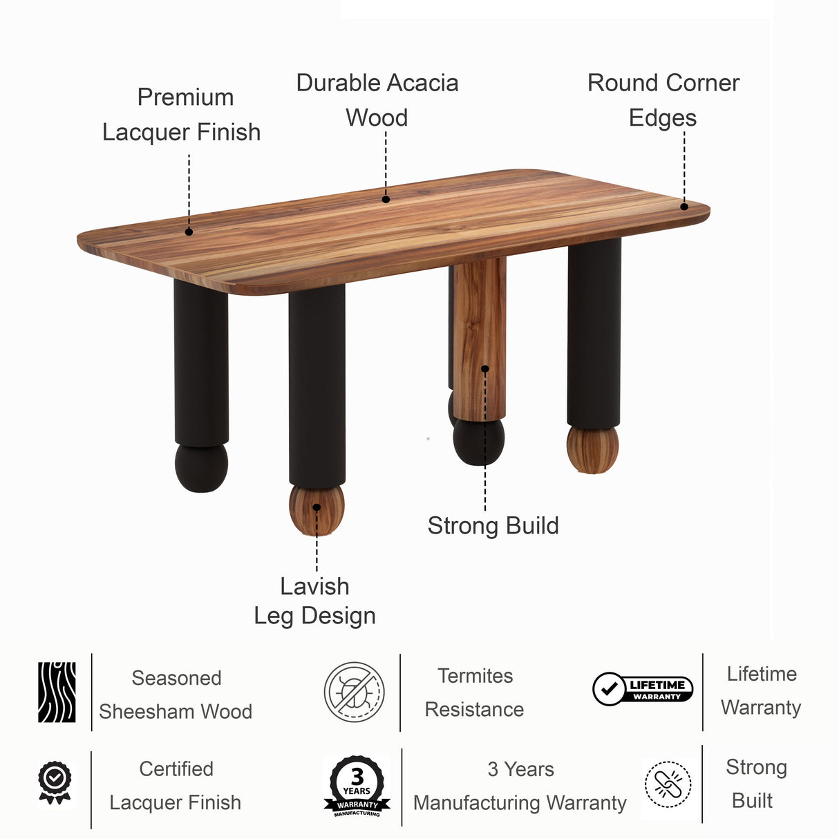 Genova Solid Acacia Wood 6 Seater Dining Table Set - 3 Years Warranty