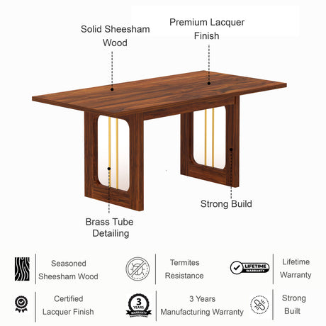 Edin Solid Sheesham Wood 6 Seater Dining Table - 3 Years Warranty
