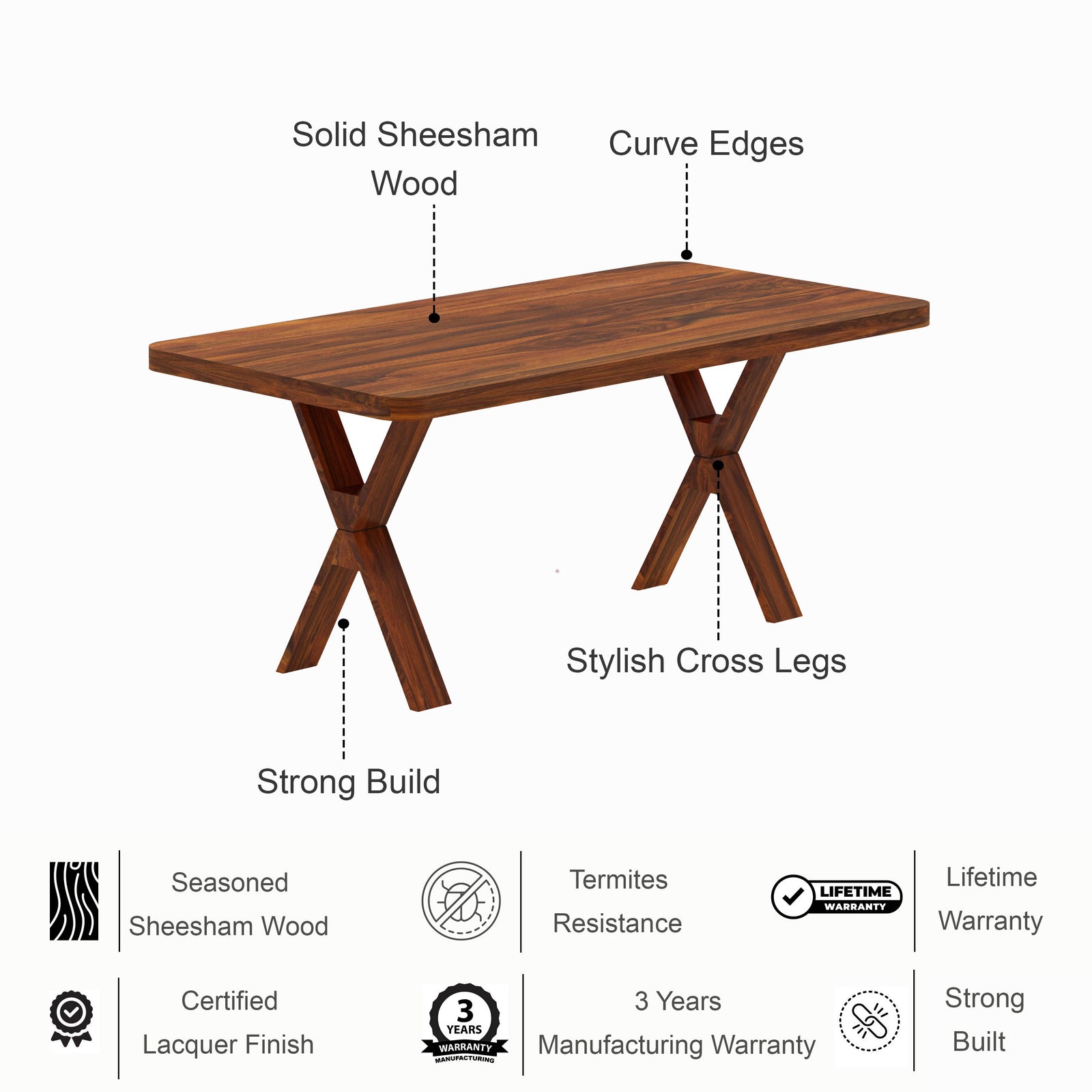 MARTIN Solid Sheesham Wood 6 Seater Dining Table Set - 3 Years Warranty features