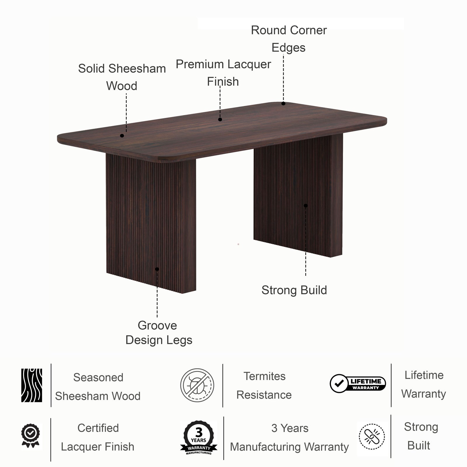 Vegator Solid Sheesham Wood 6 Seater Dining Table Set - 3 Years Warranty features
