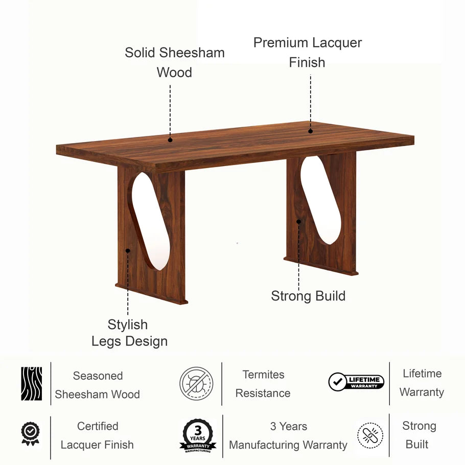 RAFEL Solid Sheesham Wood 6 Seater Dining Table - 3 Years Warranty features