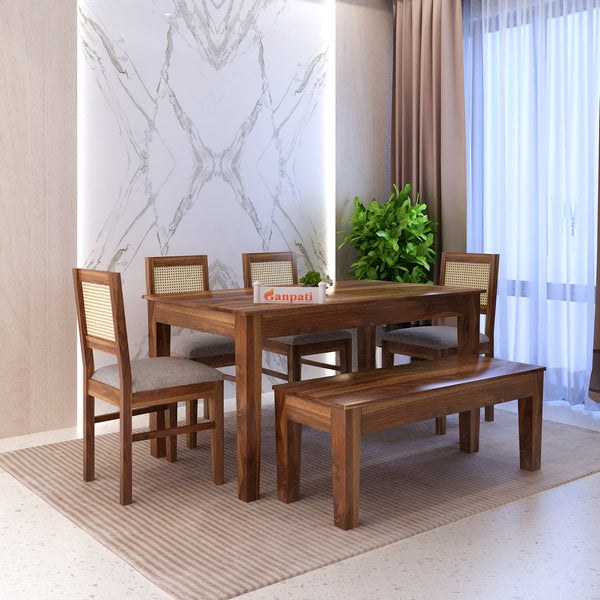 Syrus Rattan Solid Sheesham Wood 6 Seater Dining Table Set- 3 Years Warranty