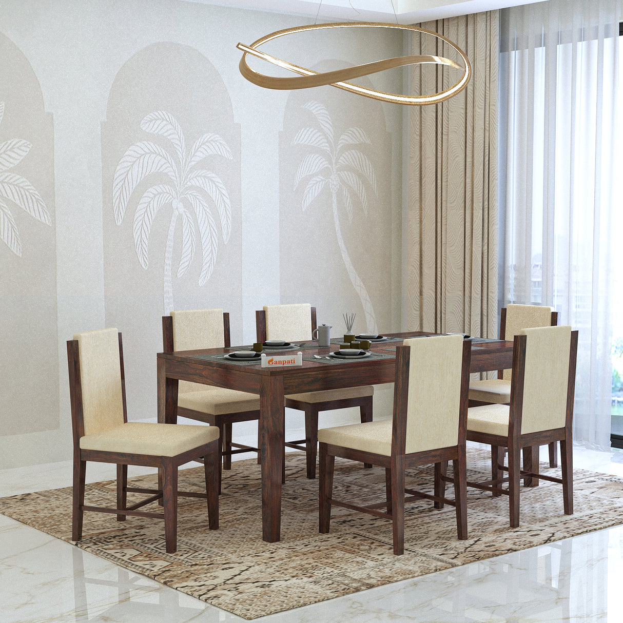 Nirvana Solid Sheesham Wood 6 Seater Dining Table Set With Upholstered Chairs- 3 Years Warranty