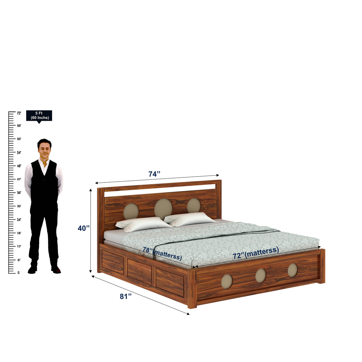 Cosmos Solid Sheesham Wood Bed With Box Storage - 3 years Warranty