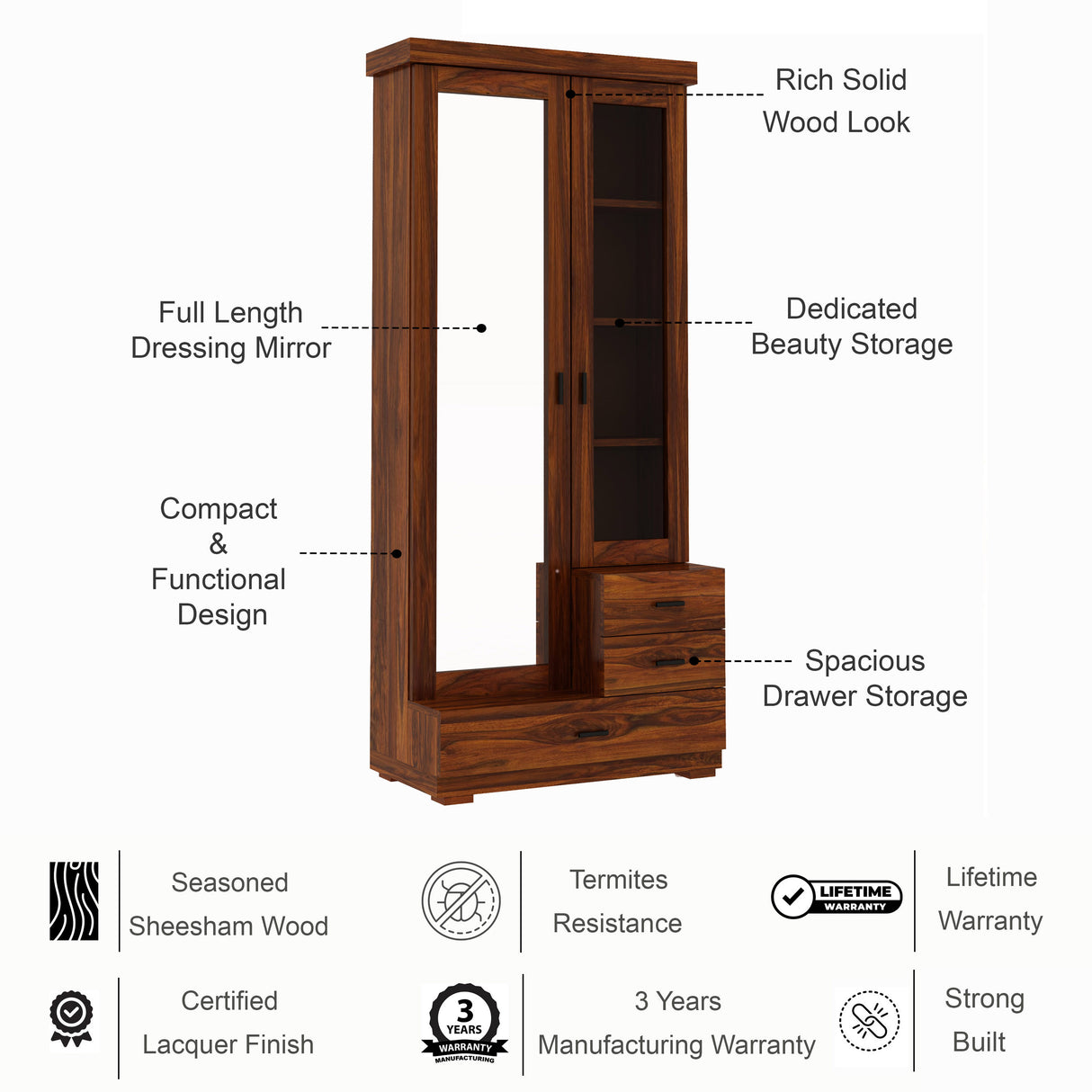 RAYON Solid Sheesham Wood Dressing Table With Cabinet - 3 Years Warranty
