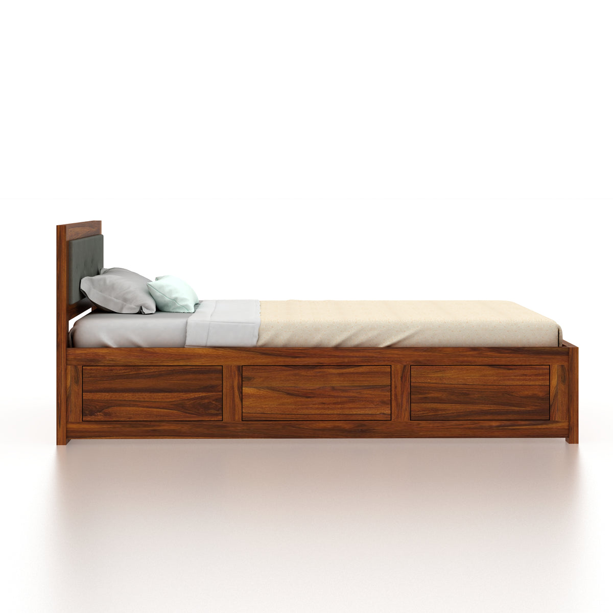 EURO Solid Sheesham Wood 4 Feet Bed With Box Storage - 3 Years Warranty
