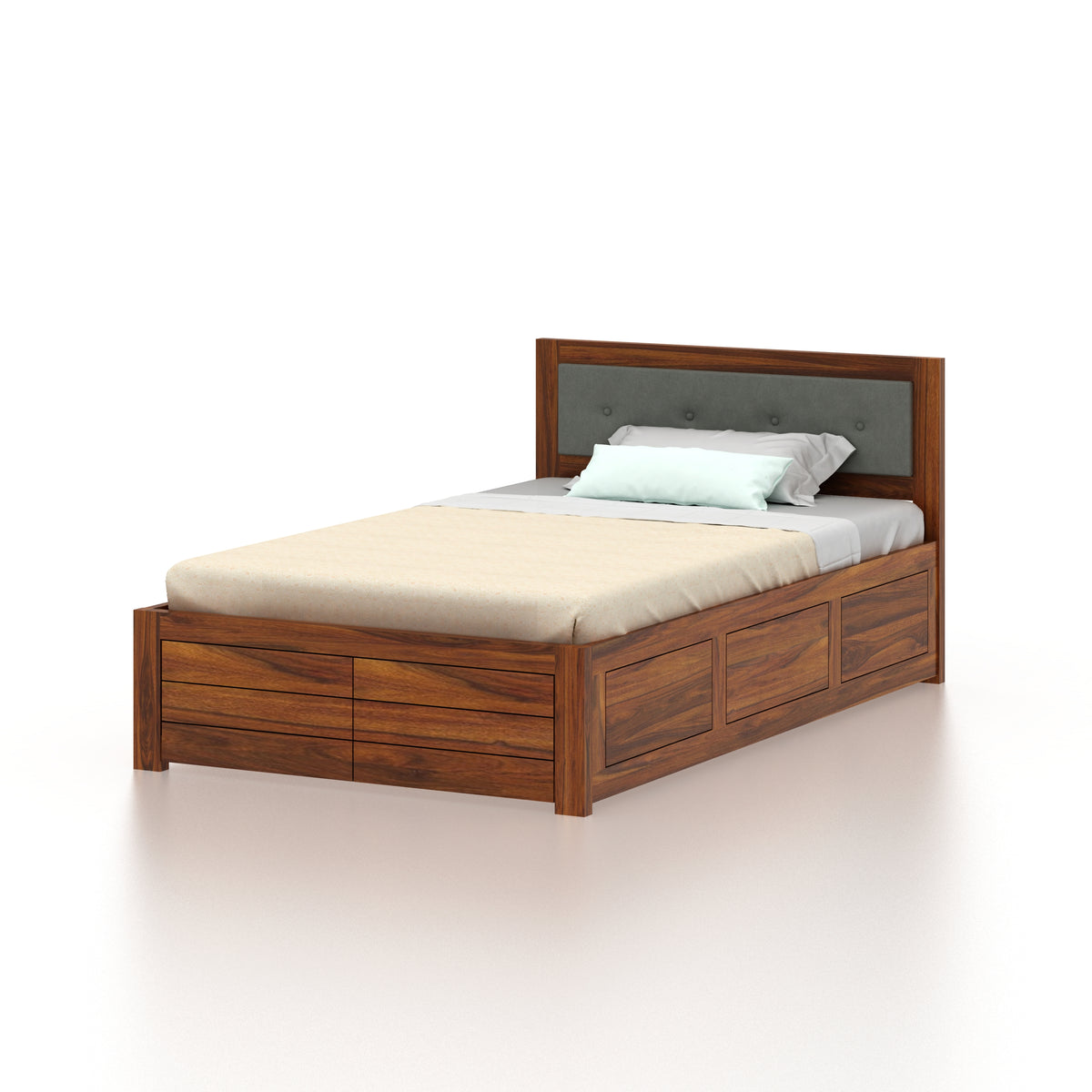 EURO Solid Sheesham Wood 4 Feet Bed With Box Storage - 3 Years Warranty