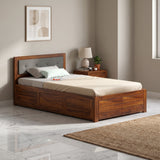 EURO Solid Sheesham Wood 4 Feet Bed With Box Storage - 3 Years Warranty