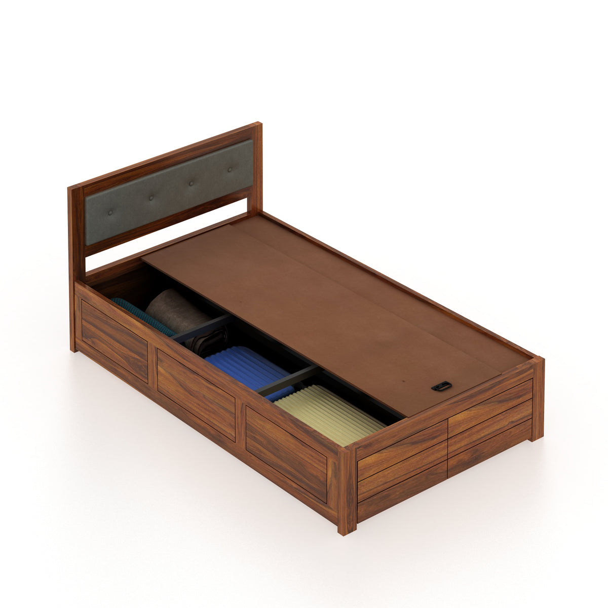 EURO Solid Sheesham Wood 4 Feet Bed With Box Storage - 3 Years Warranty