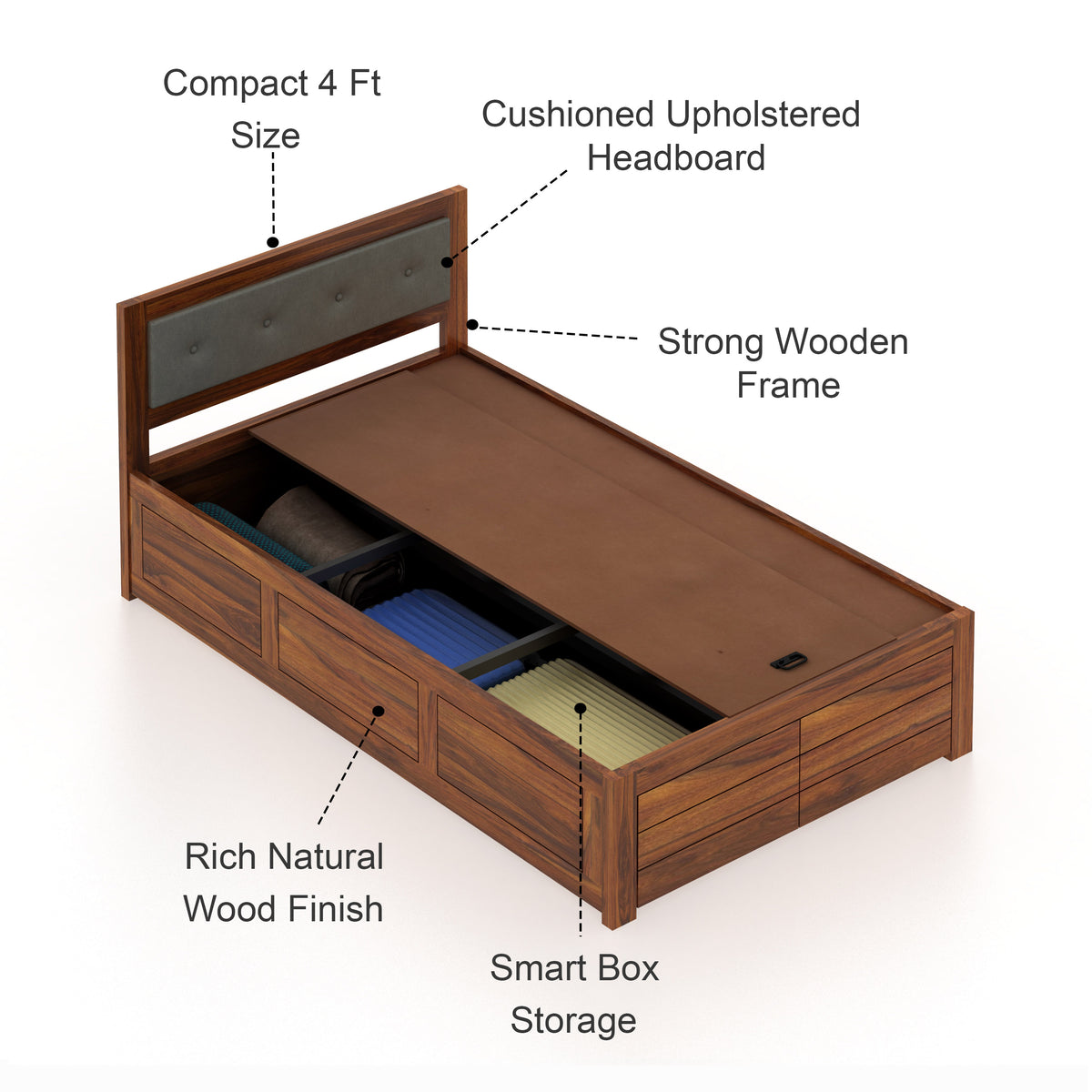 EURO Solid Sheesham Wood 4 Feet Bed With Box Storage - 3 Years Warranty