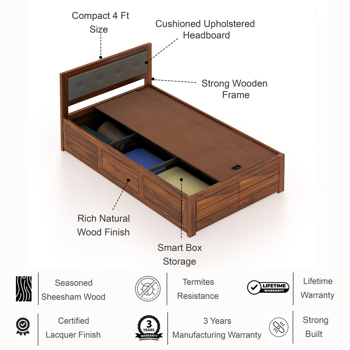 EURO Solid Sheesham Wood 4 Feet Bed With Box Storage - 3 Years Warranty features