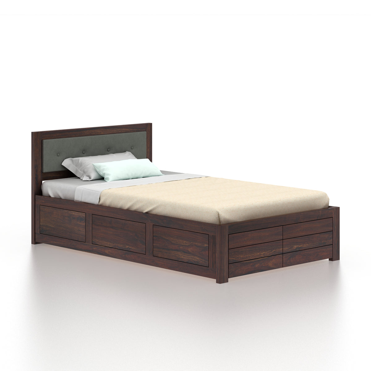EURO Solid Sheesham Wood 4 Feet Bed With Box Storage - 3 Years Warranty