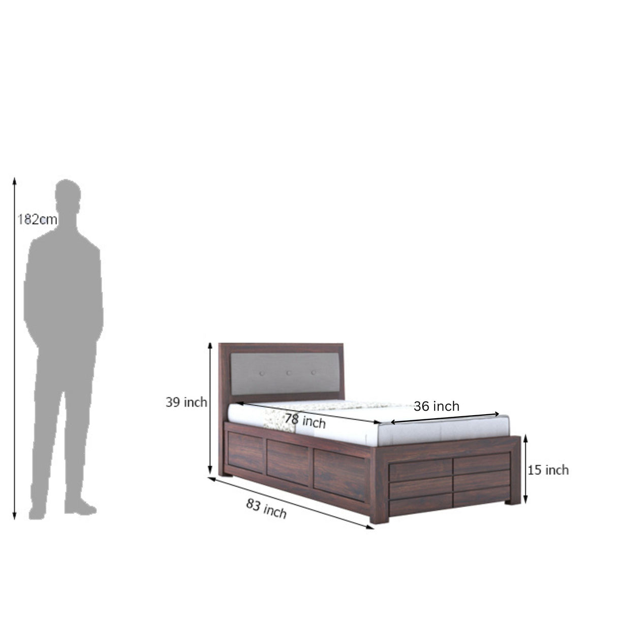 Euro Solid Sheesham Wood Single Bed With Box Storage - 3 Years Warranty