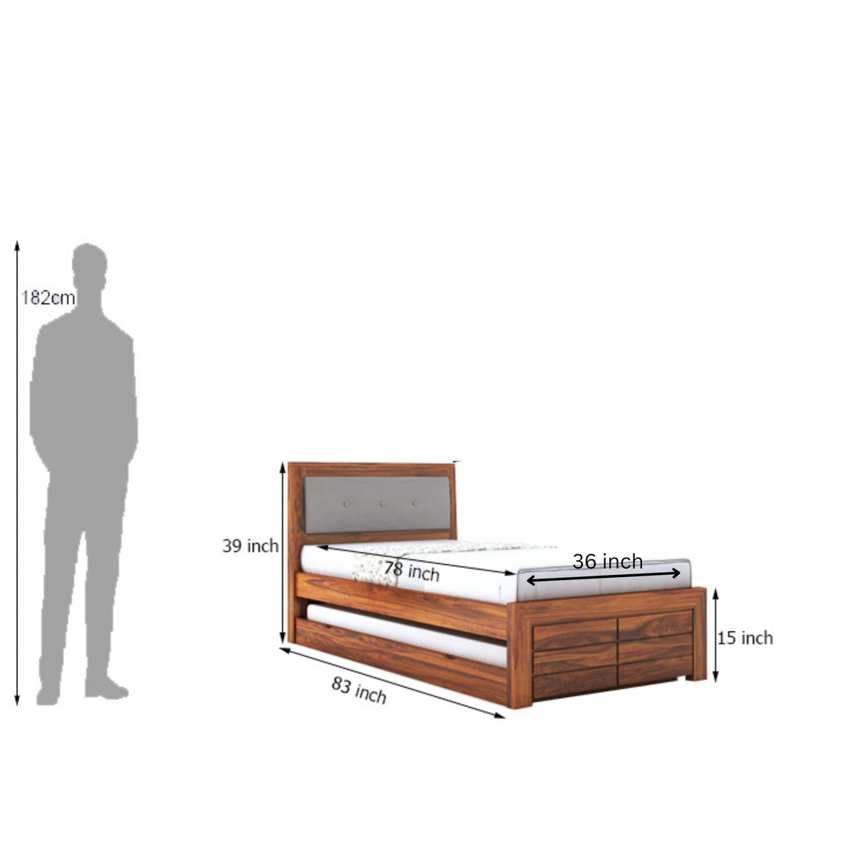 Euro Solid Sheesham Wood Single Trundle Bed With Upholstered Headboard - 3 Years Warranty
