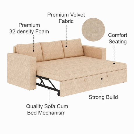 FABRIO Three Seater Upholstered Sofa Cum Bed Textured Suede - 12 Months Warranty -Suede Beige