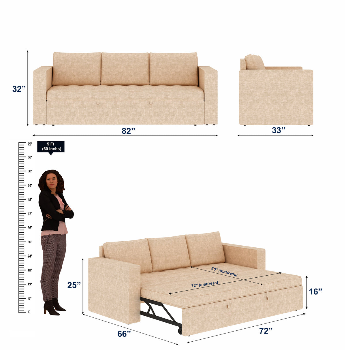 FABRIO Three Seater Upholstered Sofa Cum Bed Textured Suede - 12 Months Warranty -Suede Beige