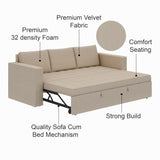 FABRIO Three Seater Upholstered Sofa Cum Bed Velvet - 12 Months Warranty - CREAM
