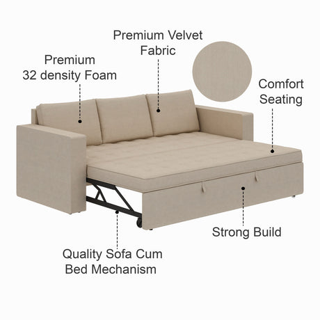 FABRIO Three Seater Upholstered Sofa Cum Bed Velvet - 12 Months Warranty - CREAM