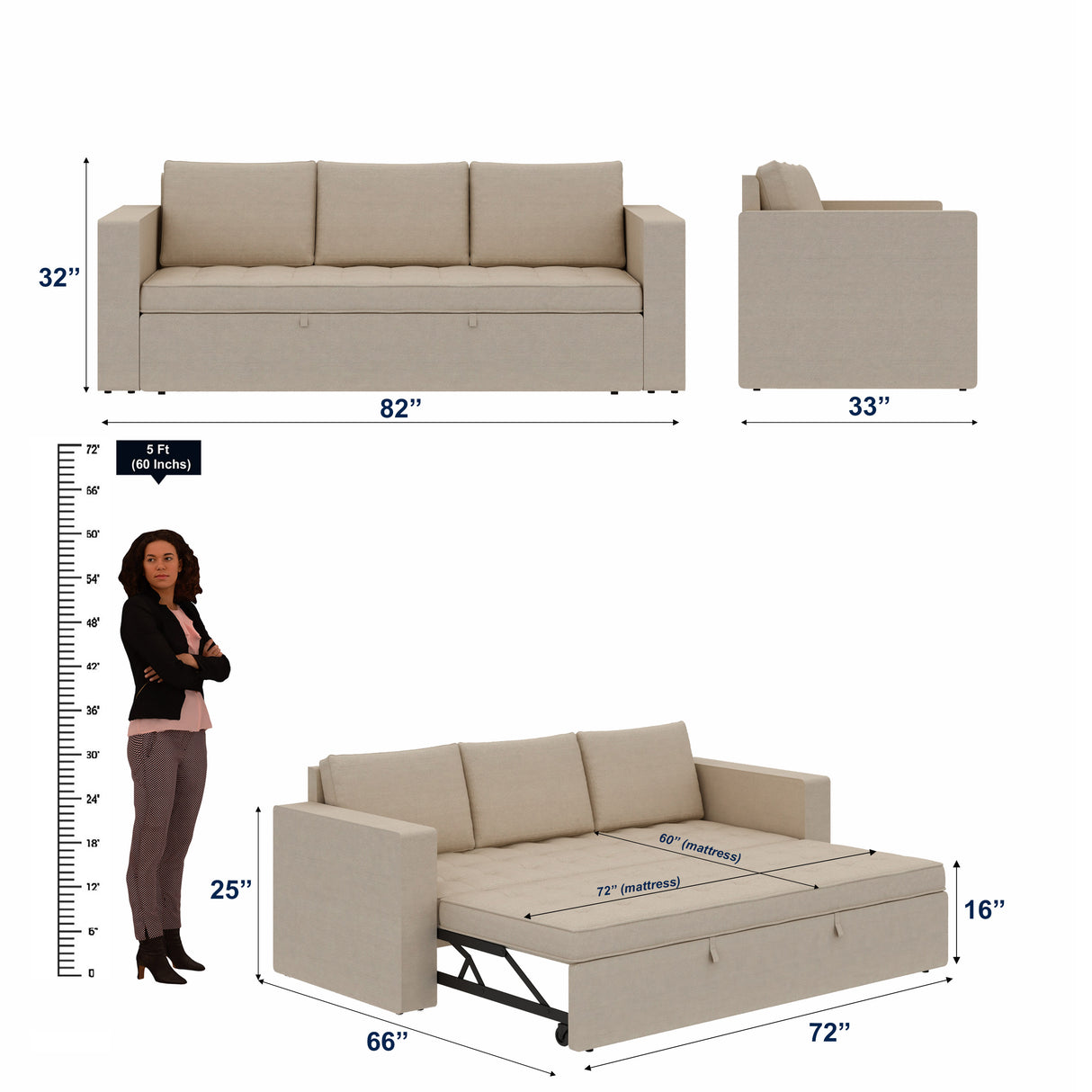 FABRIO Three Seater Upholstered Sofa Cum Bed Velvet - 12 Months Warranty - CREAM