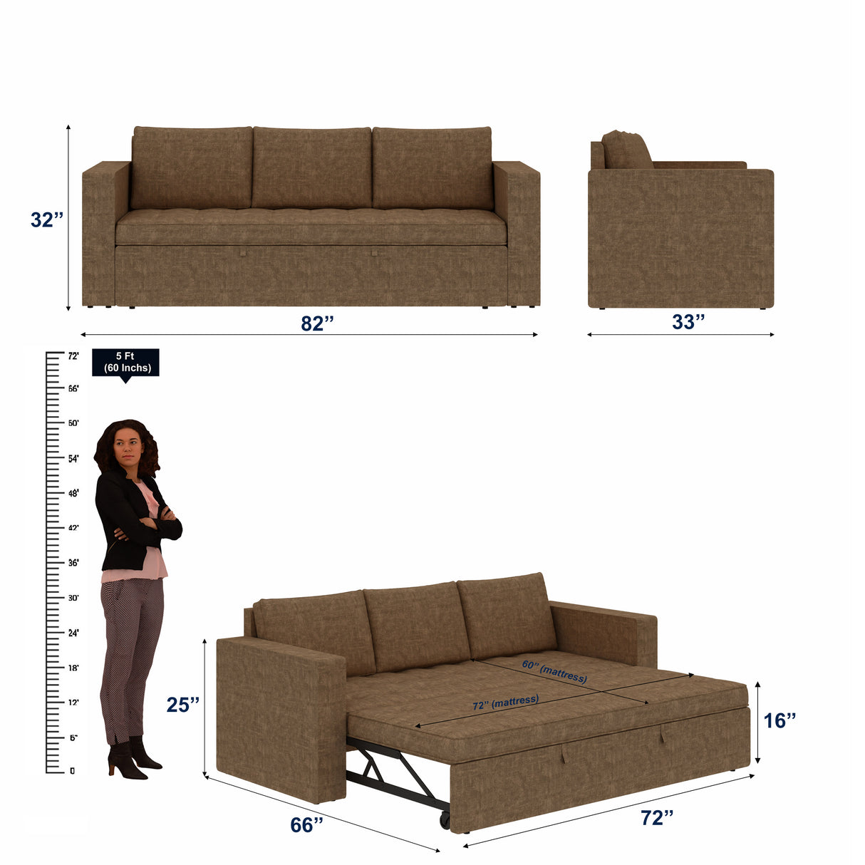 FABRIO Three Seater Upholstered Sofa Cum Bed Textured Suede - 12 Months Warranty -Suede Brown