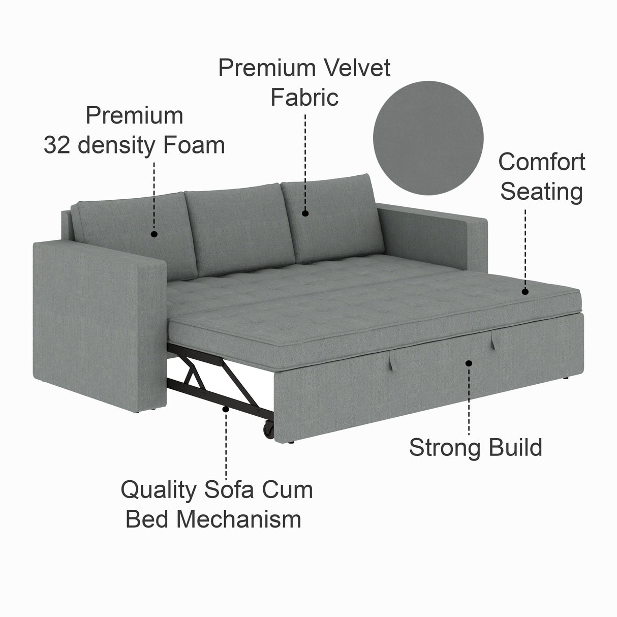 FABRIO Three Seater Upholstered Sofa Cum Bed Velvet - 12 Months Warranty - GREY