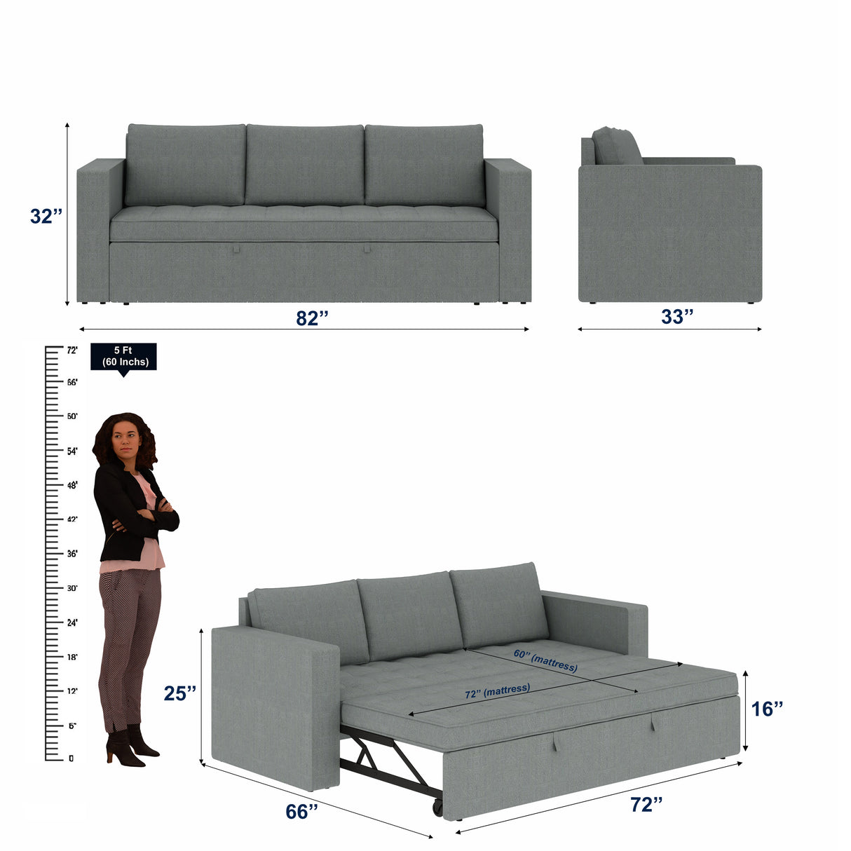 FABRIO Three Seater Upholstered Sofa Cum Bed Velvet - 12 Months Warranty - GREY