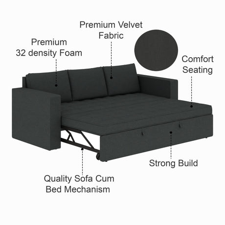 FABRIO Three Seater Upholstered Sofa Cum Bed Velvet - 12 Months Warranty - TAR