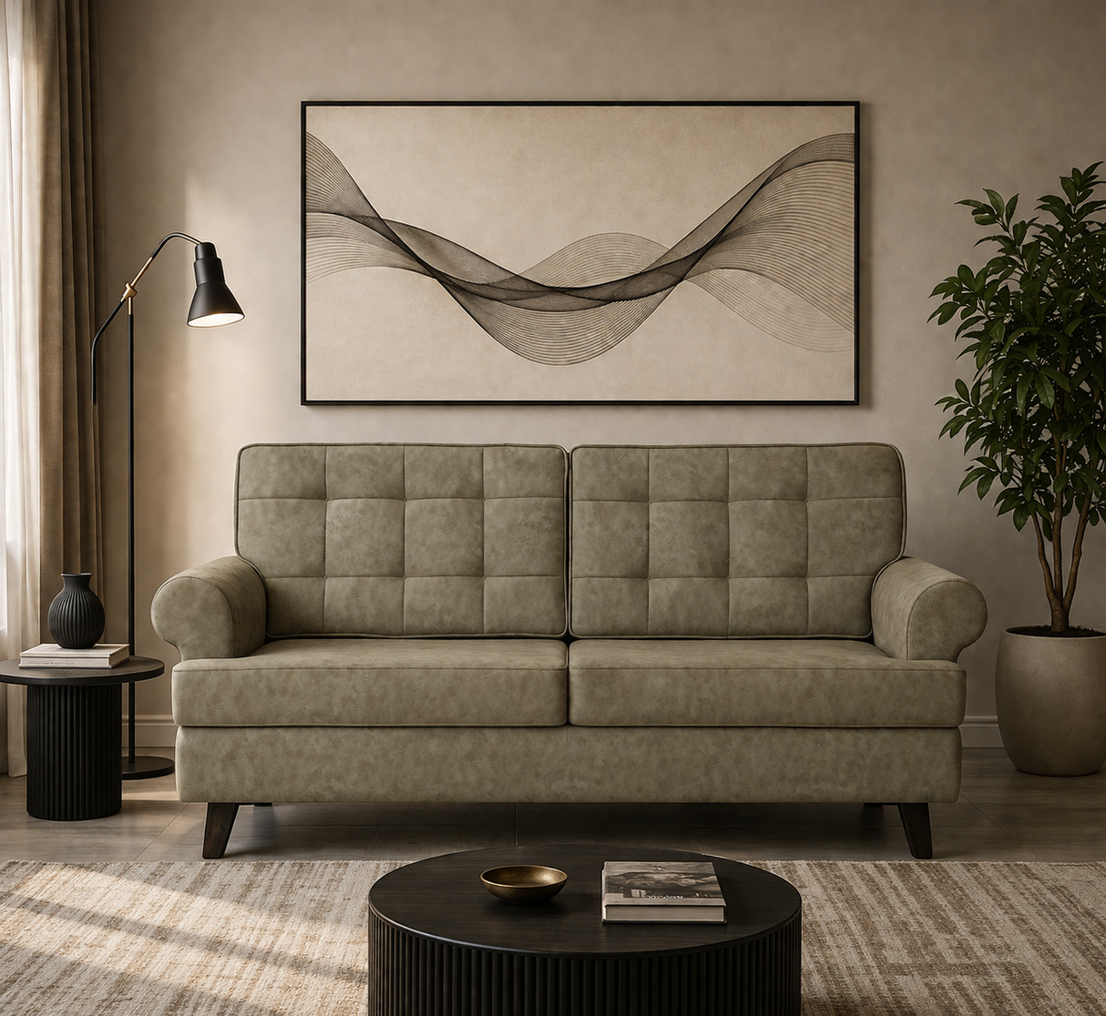 FABRIO Three Seater Upholstered Sofa Velvet - 12 Months Warranty - Beige Suede