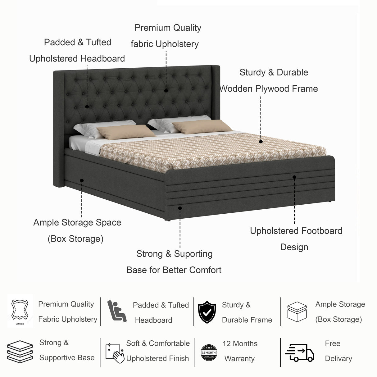 Bettan Upholstered Bed With Box Storage - 12 Months Warranty(LUXE EDITION)