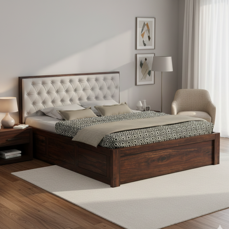 Decan Solid Sheesham Wood Bed with Box Storage and Upholstery Headboard - 3 Years Warranty