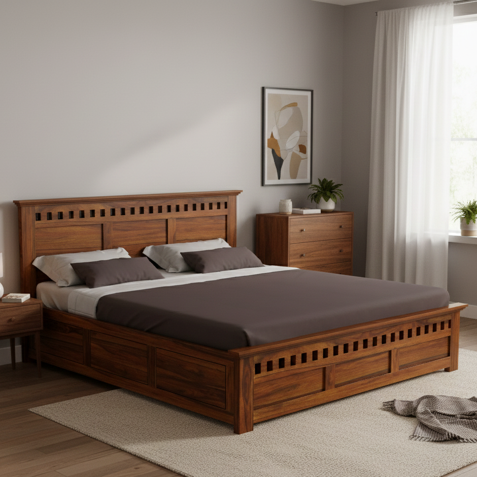 Armania Solid Sheesham Wood Bed With Box Storage - 3 Years Warranty features