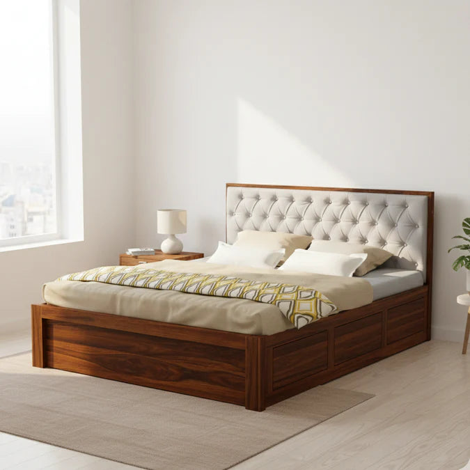 Decan Solid Sheesham Wood Bed with Box Storage and Upholstery Headboard - 3 Years Warranty features