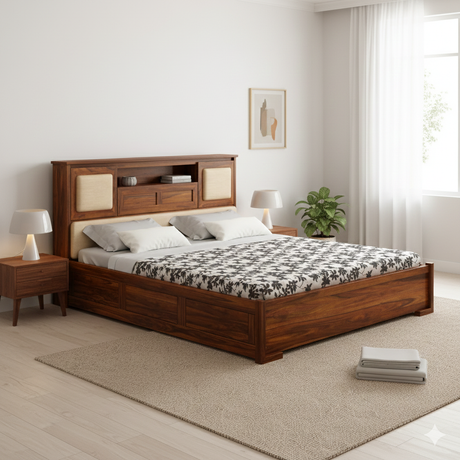 Maharaja Solid Sheesham Wood Bed with Box and Headboard Storage - 3 Years Warranty