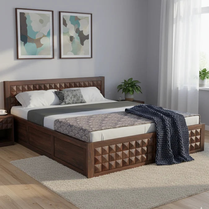 Oslo Diamond Solid Sheesham Wood Full Box Storage Bed - 3 Years Warranty features
