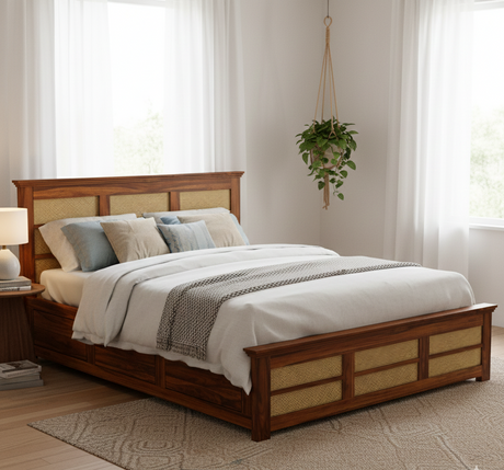 Syrus Solid Sheesham Wood Cane Bed With Box Storage Bed - 3 Years Warranty