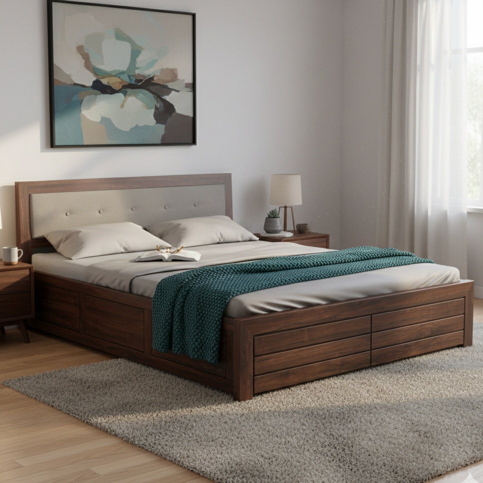 Euro Solid Sheesham Wood Bed with Box Storage and Upholstery Headboard -  3 Years Warranty