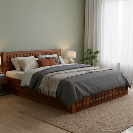 Oslo Diamond Solid Sheesham Wood Full Box Storage Bed - 3 Years Warranty