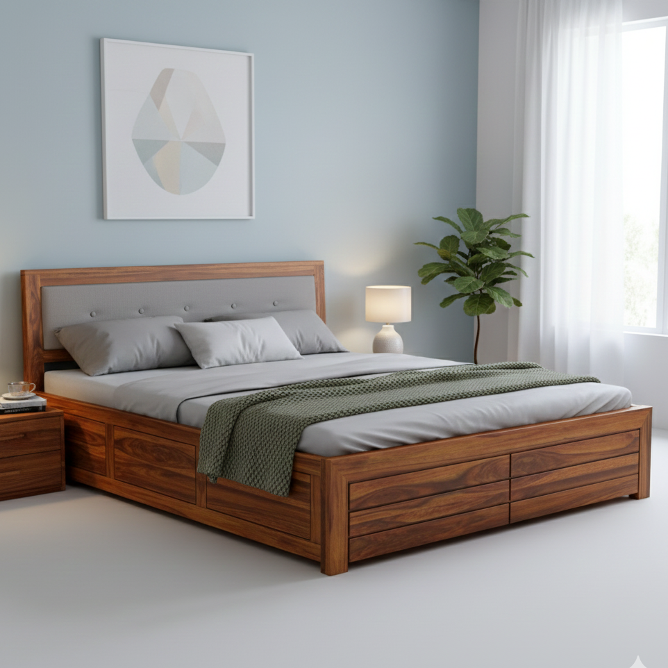 Euro Solid Sheesham Wood Bed with Box Storage and Upholstery Headboard -  3 Years Warranty