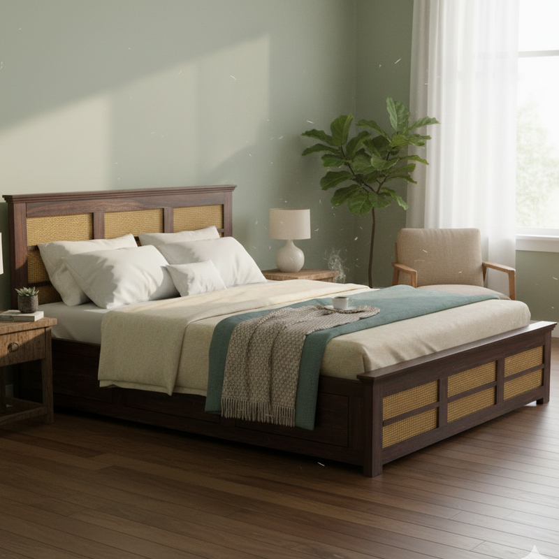 Syrus Solid Sheesham Wood Cane Bed With Box Storage Bed - 3 Years Warranty