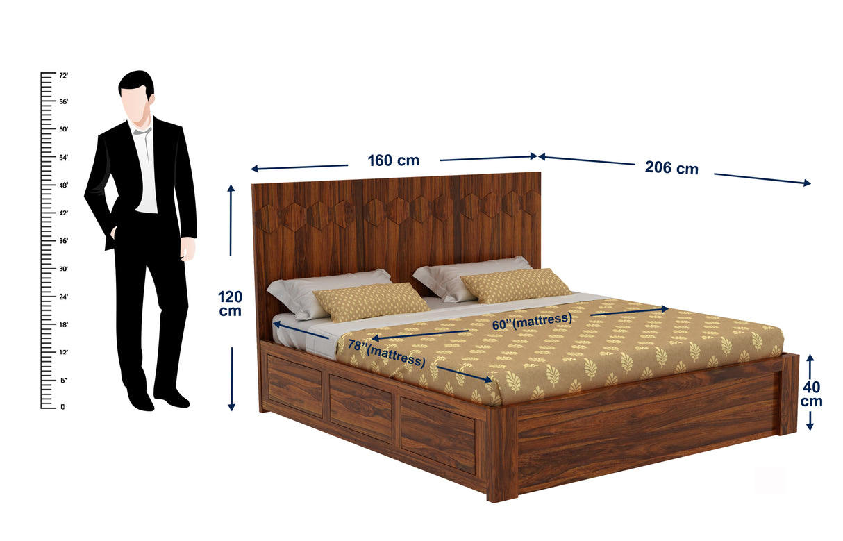 Hexa Solid Sheesham Wood Bed with Hydraulic Box Storage - 3 Years Warranty