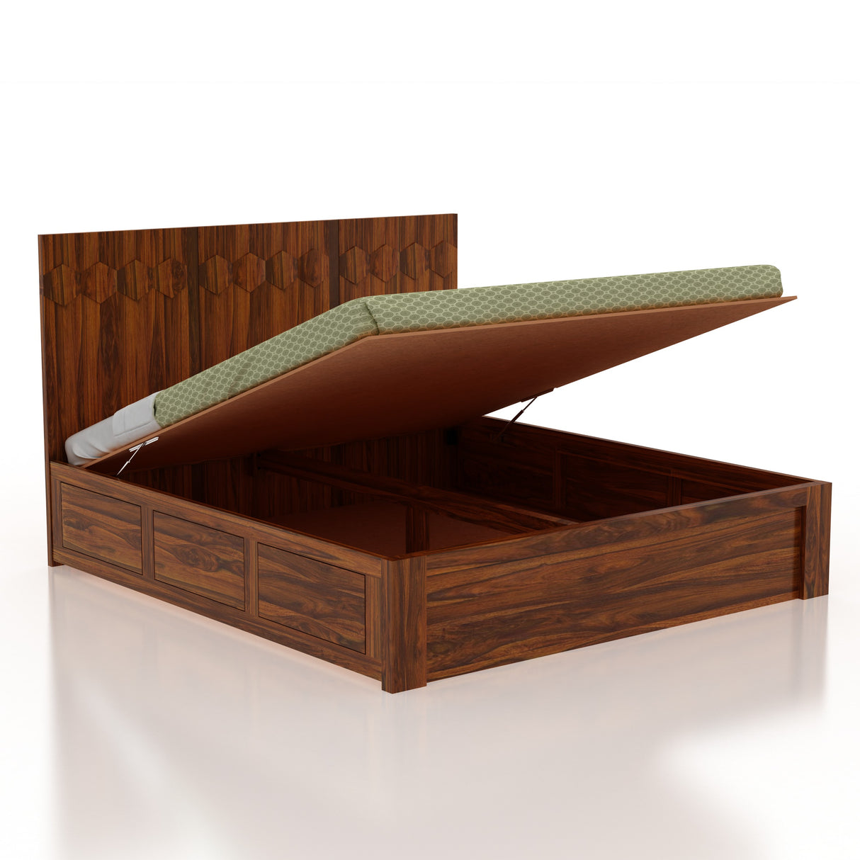 Hexa Solid Sheesham Wood Bed with Hydraulic Box Storage - 3 Years Warranty