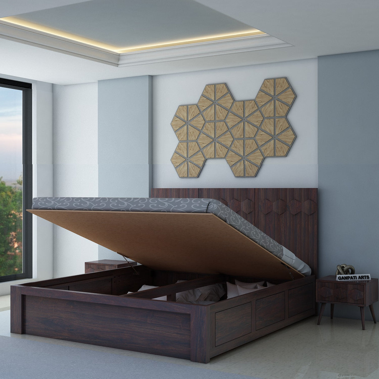 Hexa Solid Sheesham Wood Bed with Hydraulic Box Storage - 3 Years Warranty
