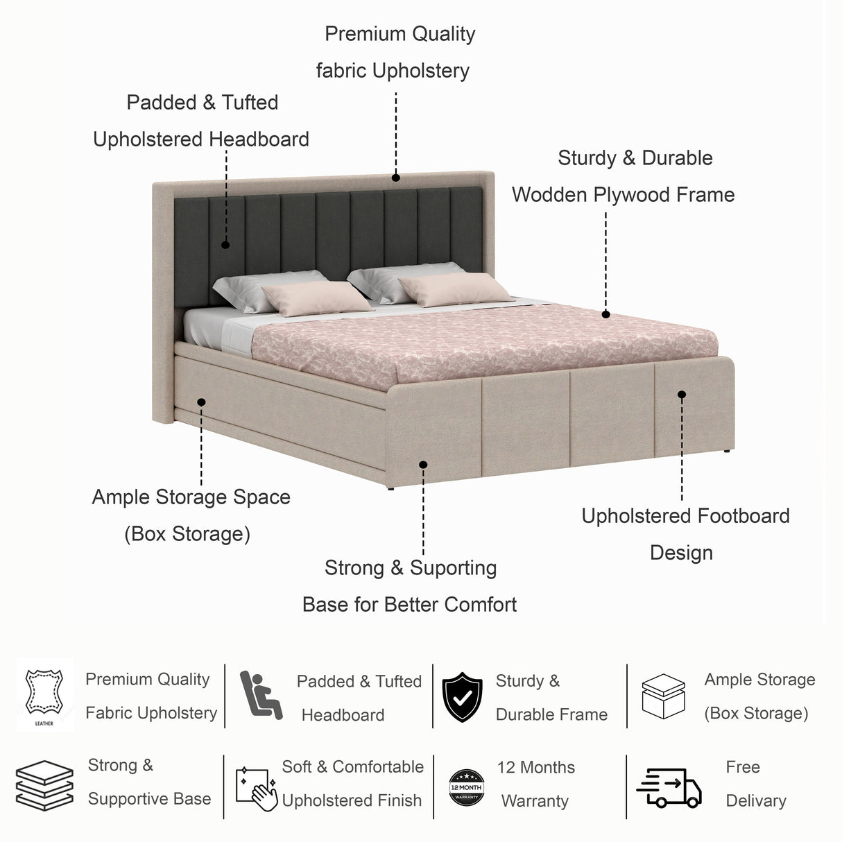 Hyness Upholstered Bed With Box Storage - 12 Months Warranty(LUXE EDITION)
