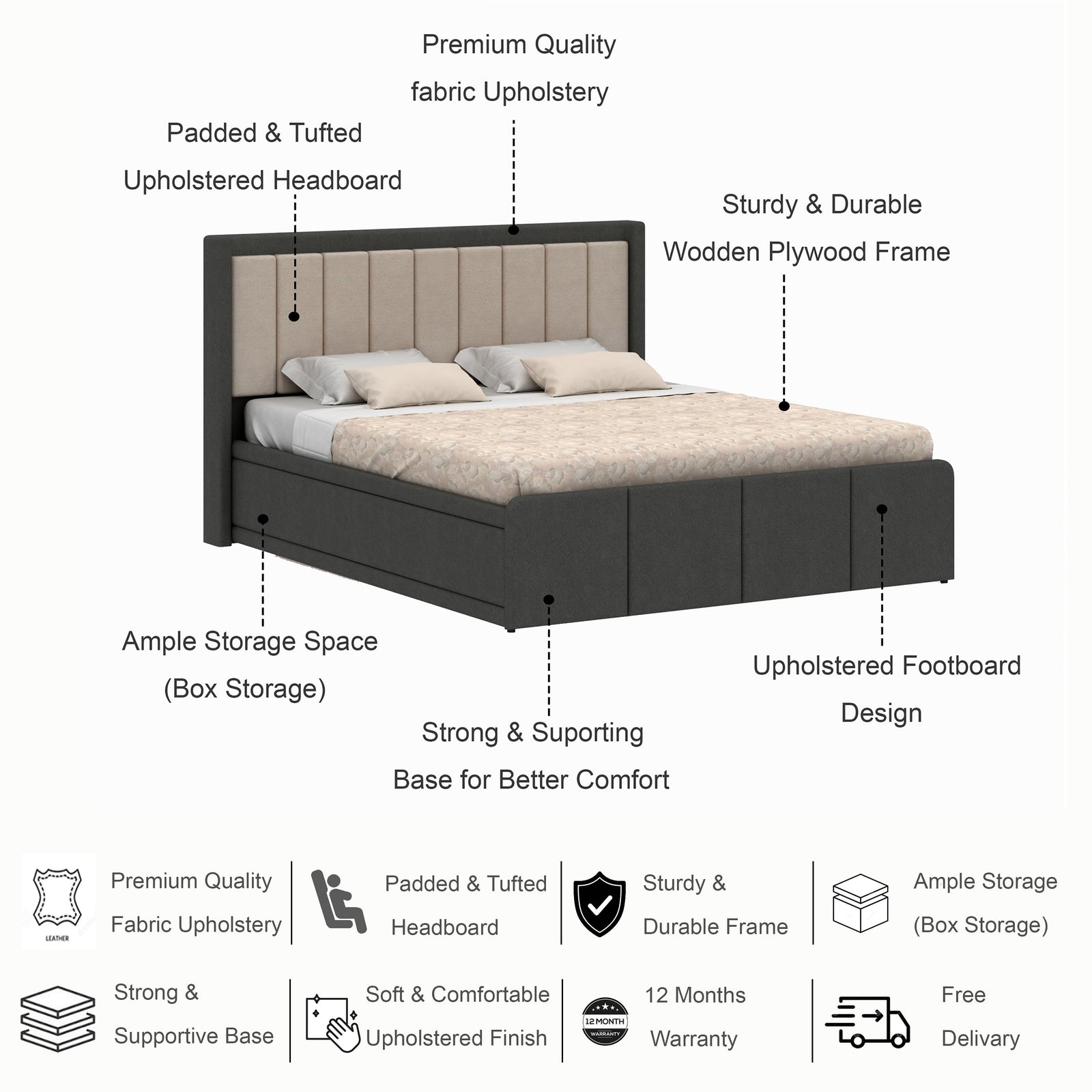 Hyness Upholstered Bed With Box Storage - 12 Months Warranty(LUXE EDITION) features