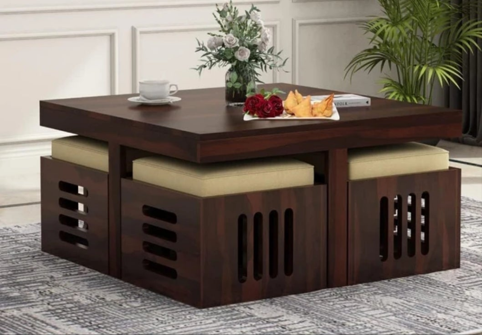 Retro Solid Sheesham Wood Coffee Table with stools - 3 Years Warranty